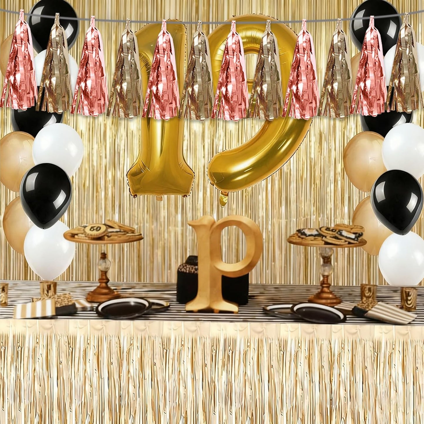 3P Rose Champagne Gold Tassel Banner Garland Metallic Foil Fringe Banner Tinsel Tassels Streamer Banner Backdrop for Parade Floats, Graduation Decorations, Wedding Party Decoration