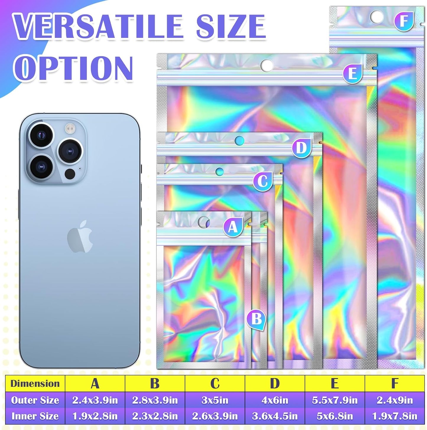300 Pcs Mylar Bags, Smell Proof Bags Foil Pouch, Holographic Resealable Bags for Small Business, Candy Sample Jewelry Bag Sealable Packaging for Party Favor Food Storage (4x6in)
