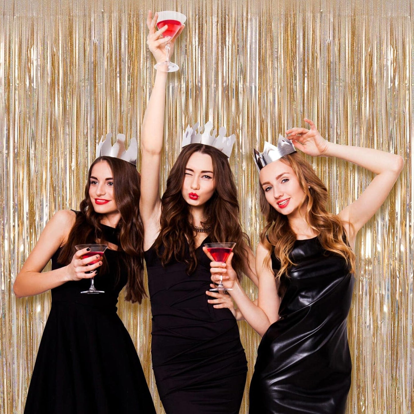 Champagne Tinsel Foil Fringe Curtain, 2 Pack 3.3 x 8.2 Ft Metallic Glitter Curtains Backdrop Streamers, Champagne Backdrop for Birthday Bachelorette Photo Booth Party Decorations