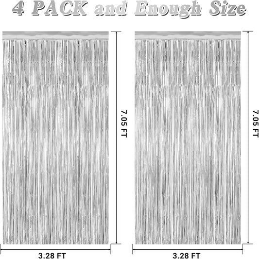 4 Pack Party Decorations, Metallic Silver Backdrop, Photo Booth Props Silver Curtains Tinsel Backdrop Foil Streamer, 21st Birthday Decorations Bachelorette Decor