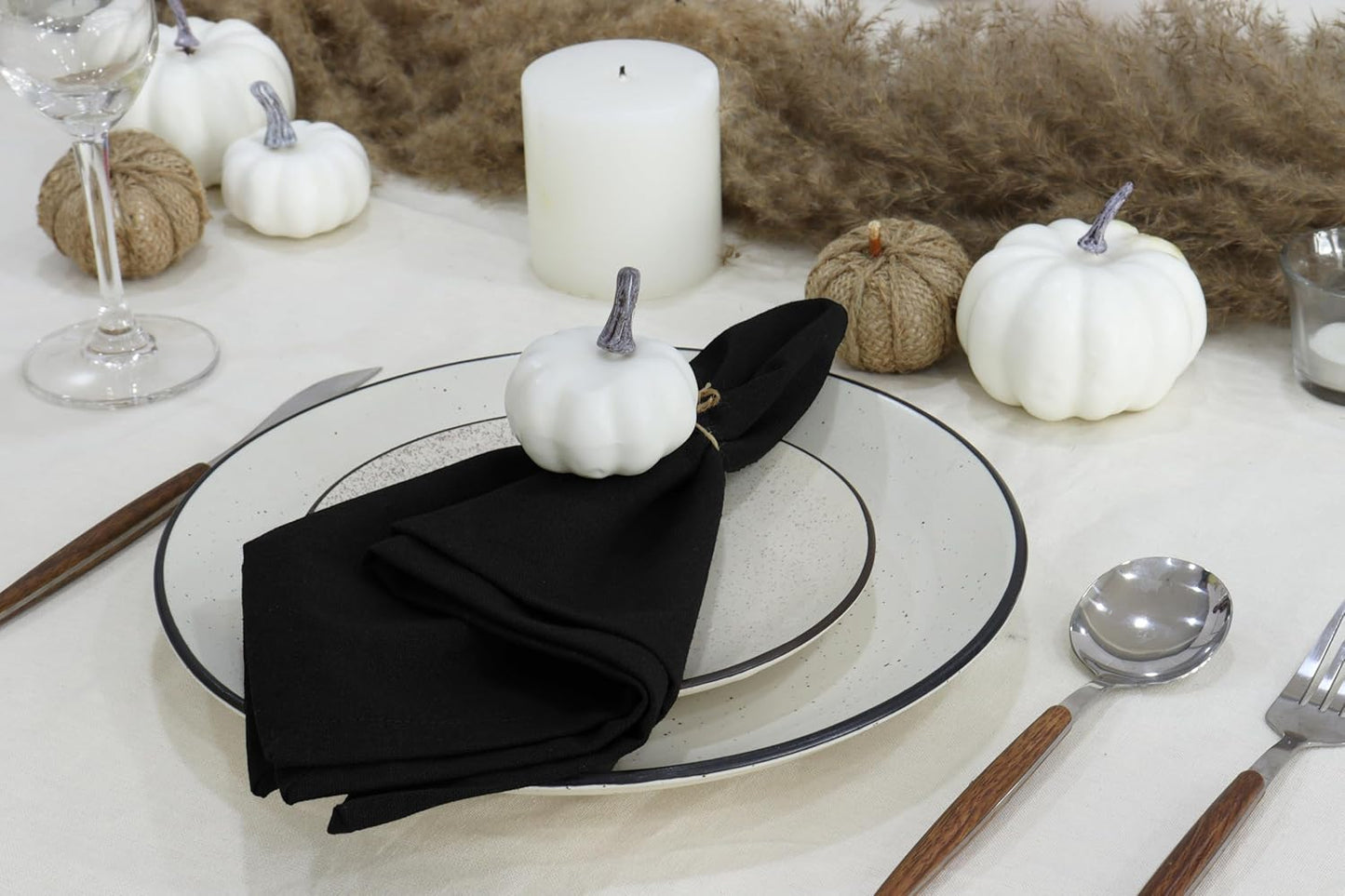 PurpleEssences Set of 12 Cloth Dinner Napkins 100% Cotton 18x18 Inch - Soft Durable Washable - Ideal for Farmhouse Party Fall Thanksgiving Halloween - Perfect Everyday Use Table Linen - Black
