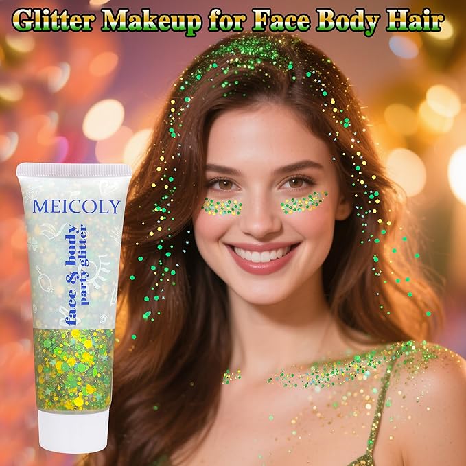 MEICOLY Gold and Green Face Glitter,Holographic Gold Hair Accessories,Sparkle Self-Adhesive Halloween Body Glitter Makeup for Mardi Gras Carnival Festival Party,St Patricks Day Accessories