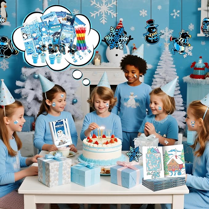 BenLouis Winter Party Favors Set Holiday Themed Coloring Book Classroom Gift Prizes Bulk for Students Kids Christmas Frozen Birthday Goodie Bag Stuffers Pinata Filler (48Set Snowflake)