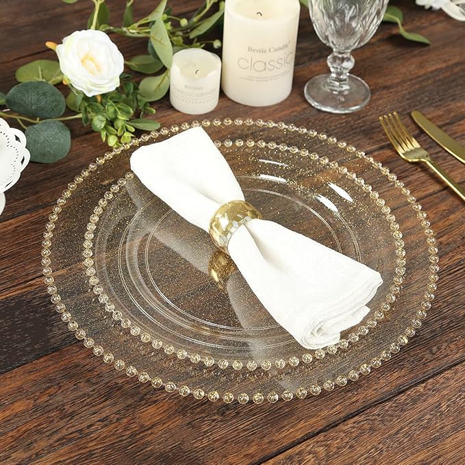 Efavormart 10-Pack Economy Plastic Charger Plates 13" Round Clear/Gold Glitter with Beaded Rim - Stylish Dinner Party Serving Plates