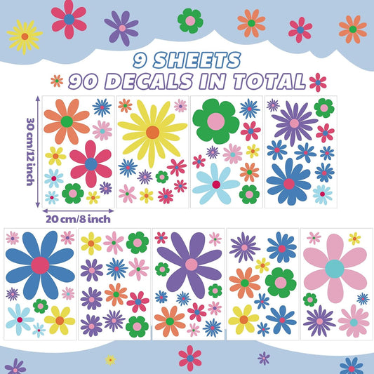 Kisston 90 Pcs Daisy Wall Decal Alphabet Vinyl Wall Decals Boho Decal Daisy Stickers Boho Groovy Floral Stickers for Nursery Art Bedroom Classroom(Bright)