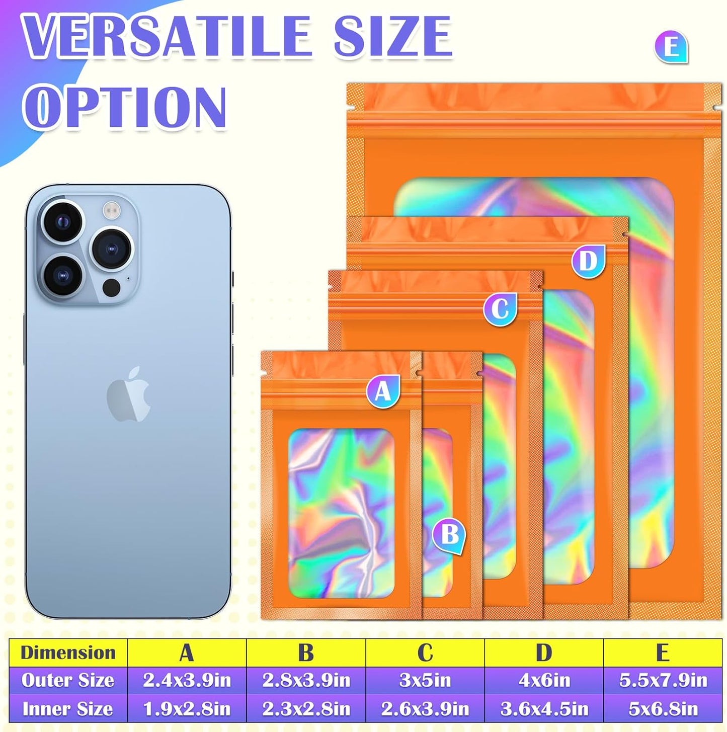 100 Pcs Mylar Bags, Smell Proof Bags Foil Pouch, Holographic Resealable Bags for Small Business, Candy Sample Jewelry Bag Sealable Packaging for Party Favor Food Storage (2.4x3.9in-Orange)