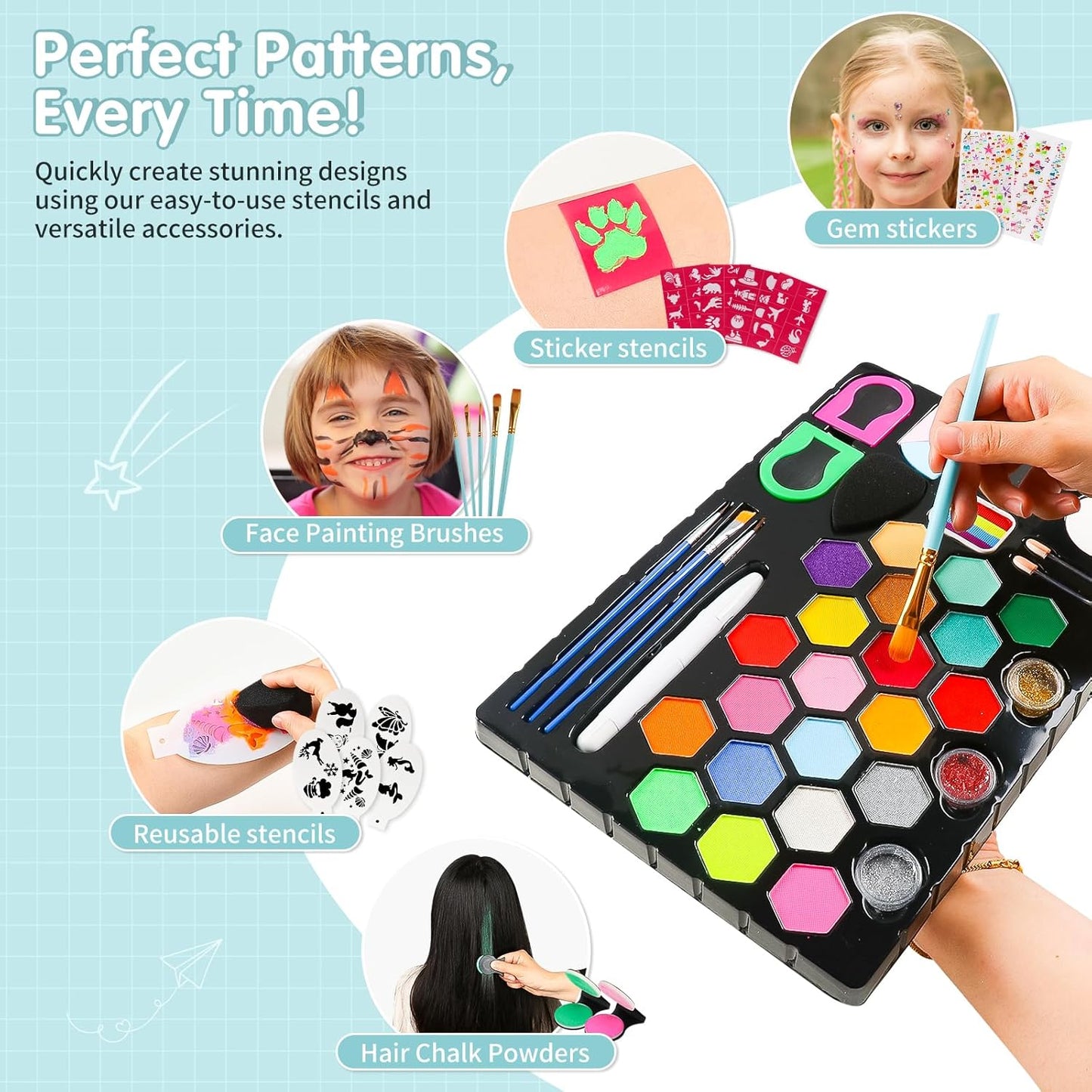Face Painting Kit for Kids 24 Colors Water-Based Non-Toxic Face Paint Palette With Brushes&Stencils, Hair Chalk, Gems, Glitters, Crayon, Halloween Makeup Kit for Parties, Cosplay, Face Body Art