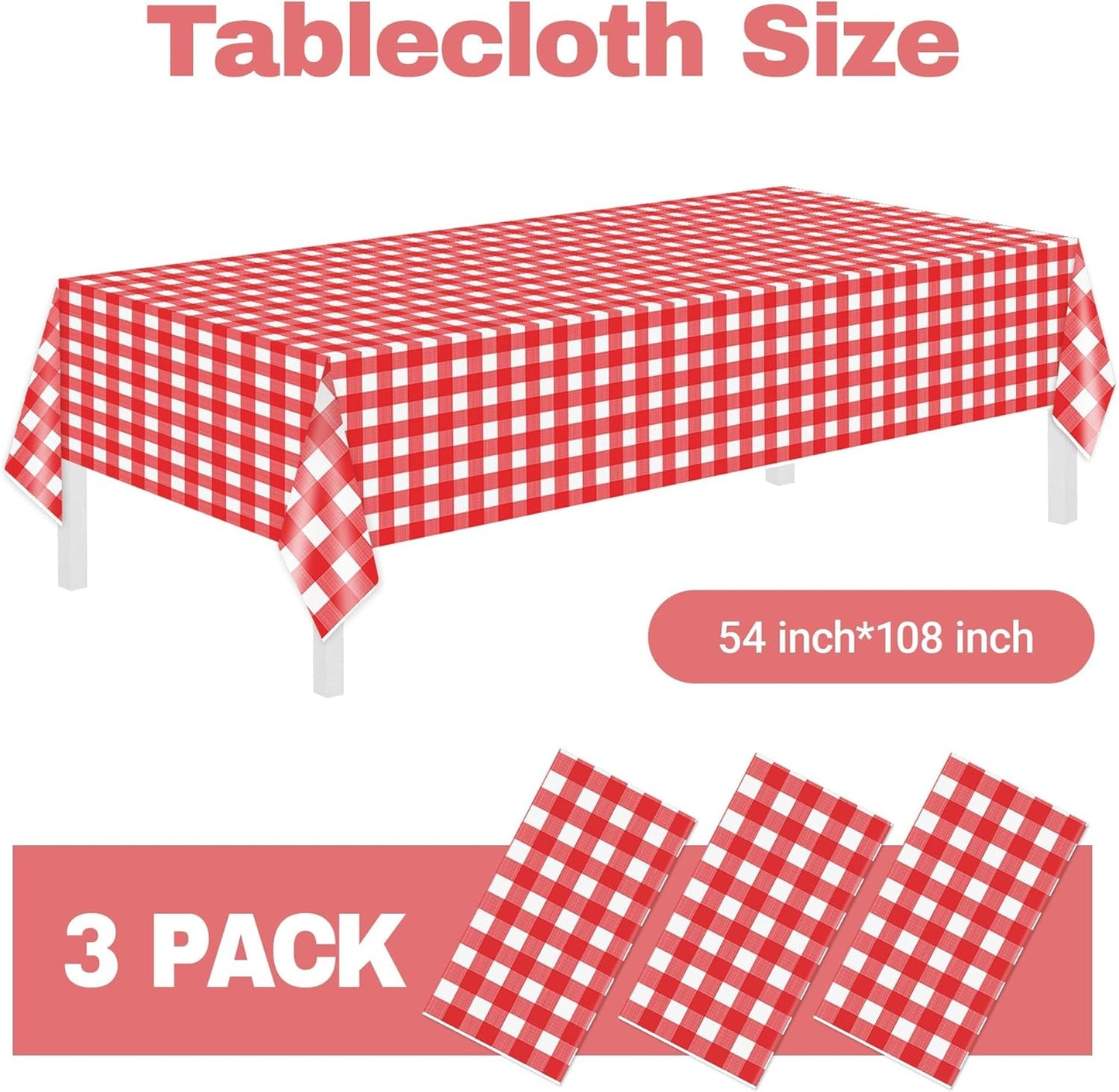 Childom 3 Pack Red and White Checkered Tablecloths 54"x108" Christmas Tablecloths for Rectangle,Disposable Plastic Table Cover for Weddings,Home,Birthday,Picnic,Buffet,Pizza Party,Racing Car Decors