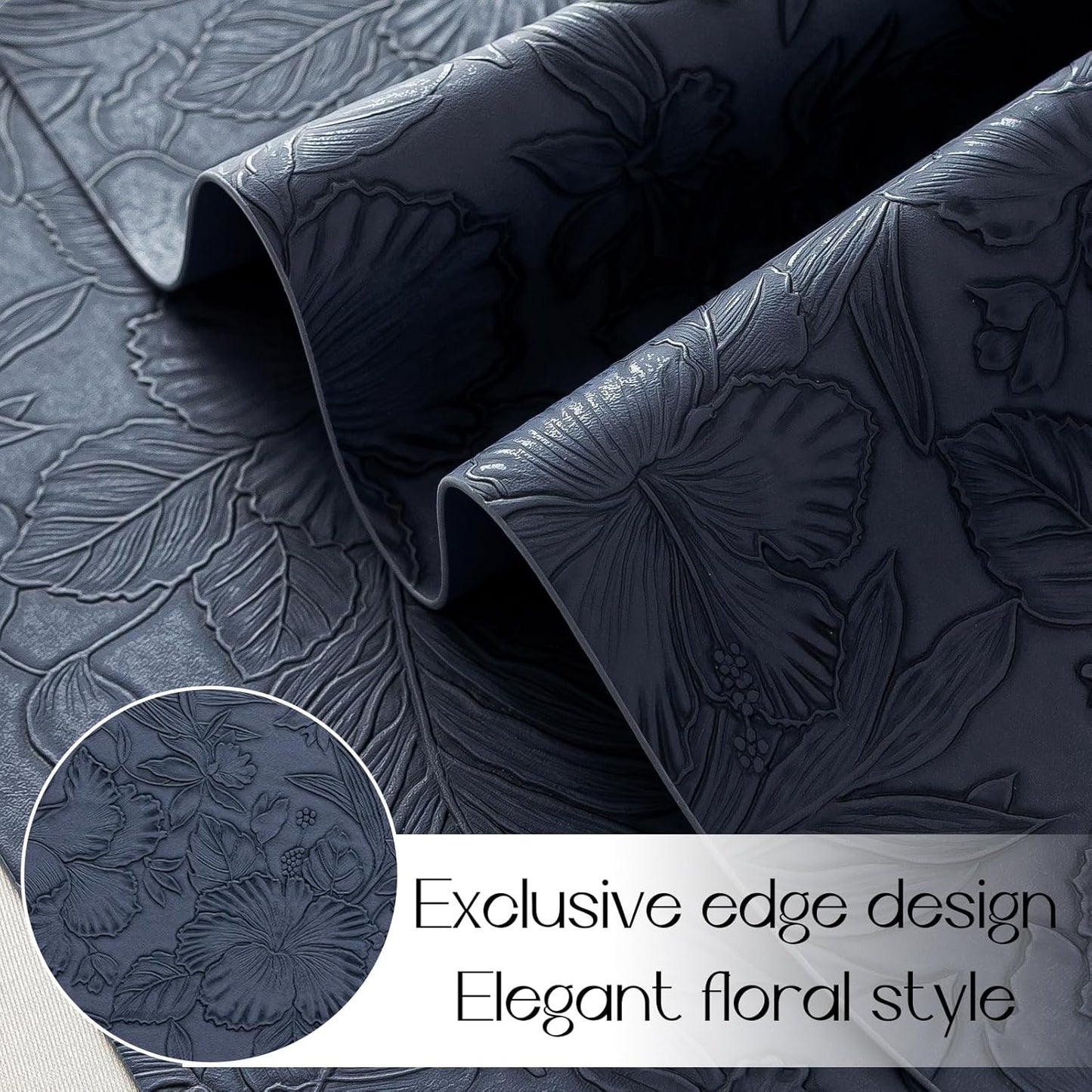Romanstile Vinyl Placemats Set of 4-12 X 18 Inch - Heat Resistant Non-Slip Embossed Floral Place Mats 100% Waterproof Oilproof Wipeable Faux Leather Table Mats for Kitchen/Dining/Party, Navy Blue
