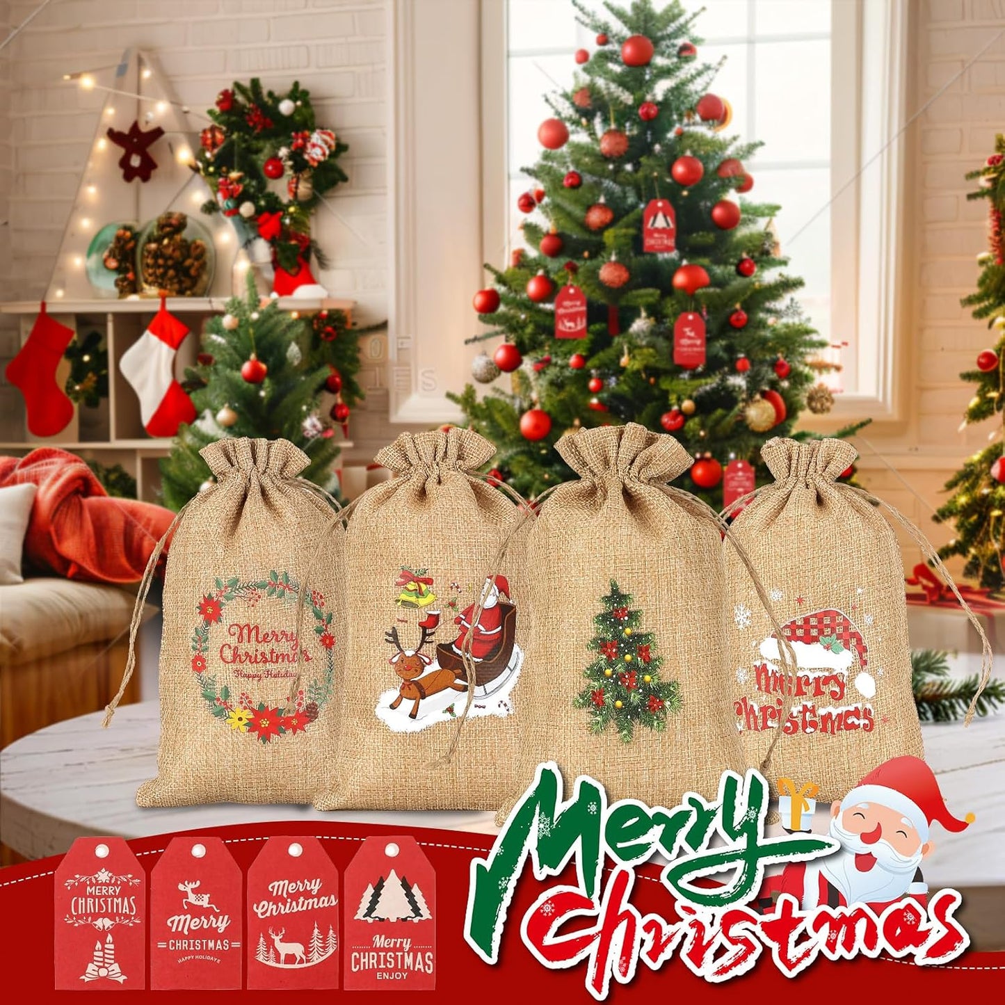 Tapleap Small Christmas Gift Bags, Burlap Coth with Drawstring, 5x8 Inches (Lot of 40) with Tags, String, for Wrapping Holiday Party Favors or Gifts for Coworkers, Kids Class, and Community Members