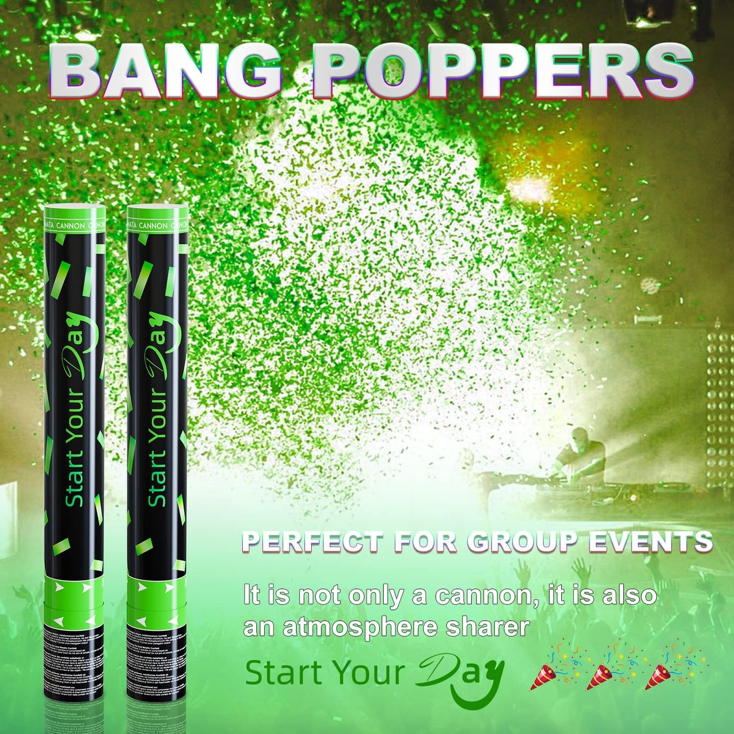 Green Confetti Poppers, 15 Inch Biodegradable Party Poppers, Air Powered Confetti Shooters for Birthday, Wedding, New Year Celebrations