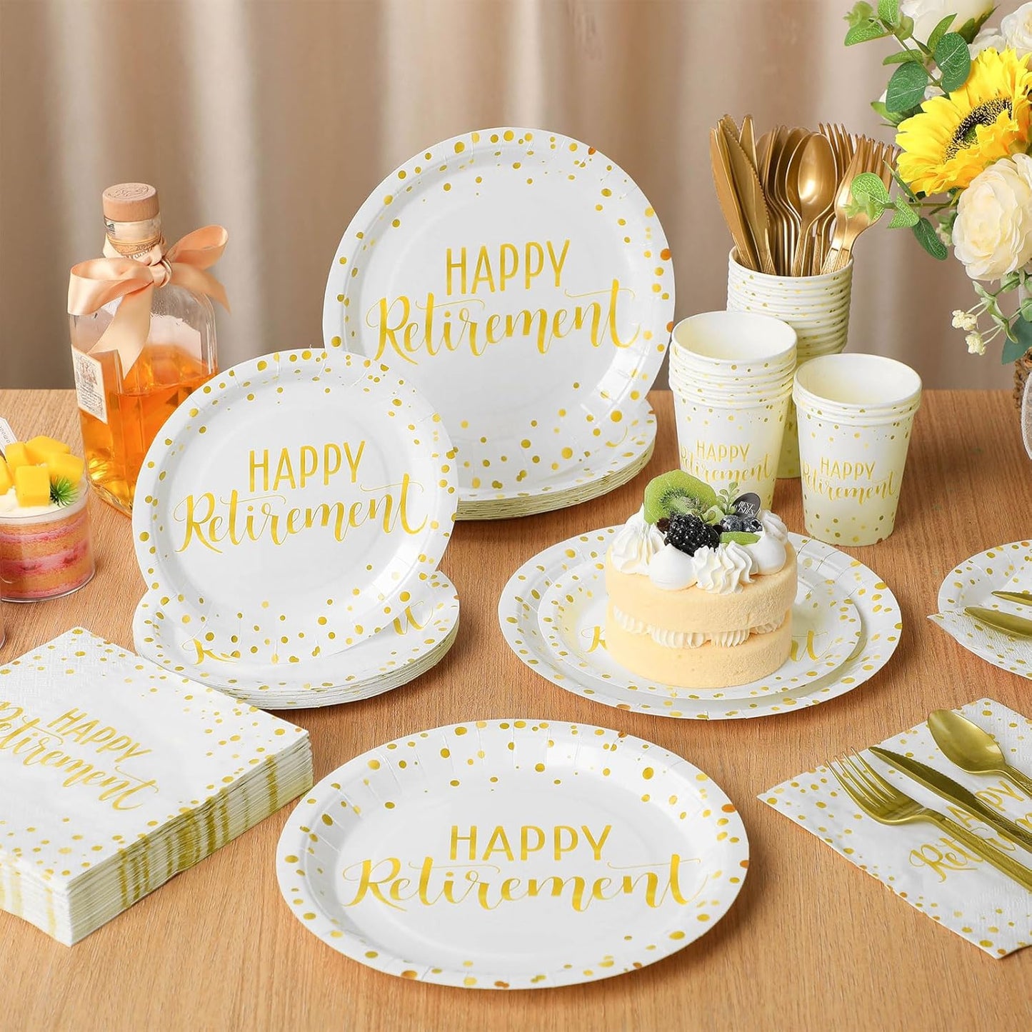 Pickmesh 192 Pcs Retirement Party Decorations Happy Retirement Paper Plates and Napkins Set with Cups and Knife Fork Spoon,Farewell Party Disposable Tableware for 24 Guest Women Men(White)