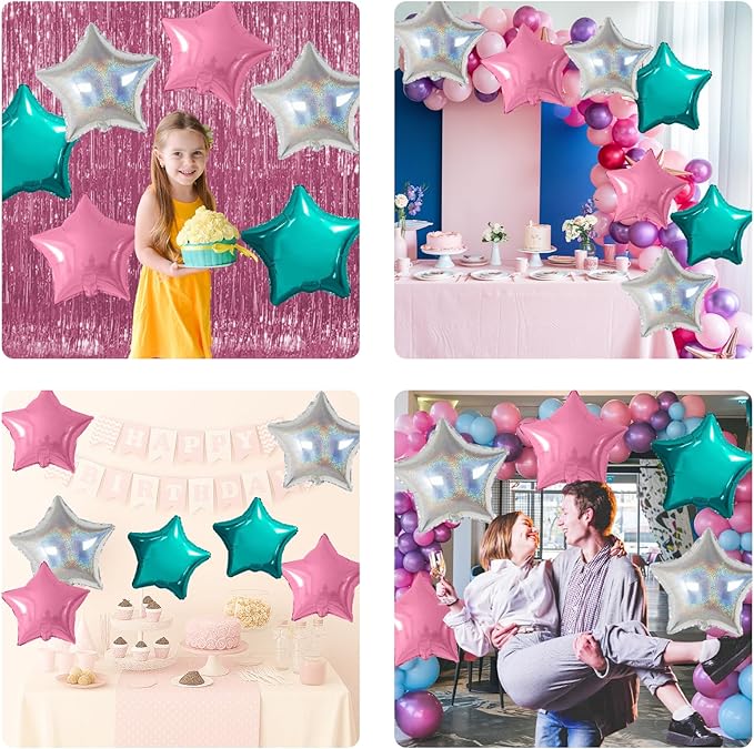 Pink and Teal Blue Star Foil Balloons, 10PCS Laser Silver Foil Stars Shape Balloon, 18 Inch Metallic Turquoise Stars Balloons Helium for Girls Women Birthday, Mermaid, Baby Shower Party Decoration