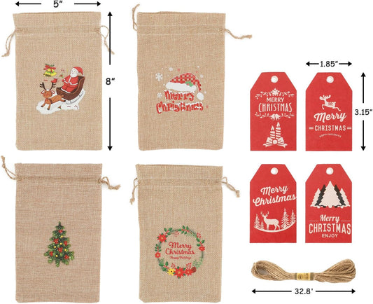 Tapleap Small Christmas Gift Bags, Burlap Coth with Drawstring, 5x8 Inches (Lot of 40) with Tags, String, for Wrapping Holiday Party Favors or Gifts for Coworkers, Kids Class, and Community Members