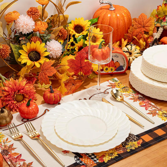 U-QE 60 Pcs Thanksgiving Plates Disposable – Ivory Scalloped Plastic Plates Heavy Duty & Elegant – Include 30 10.25" Dinner & 30 7.25" Dessert Plate for Party, Friendsgiving & Fall