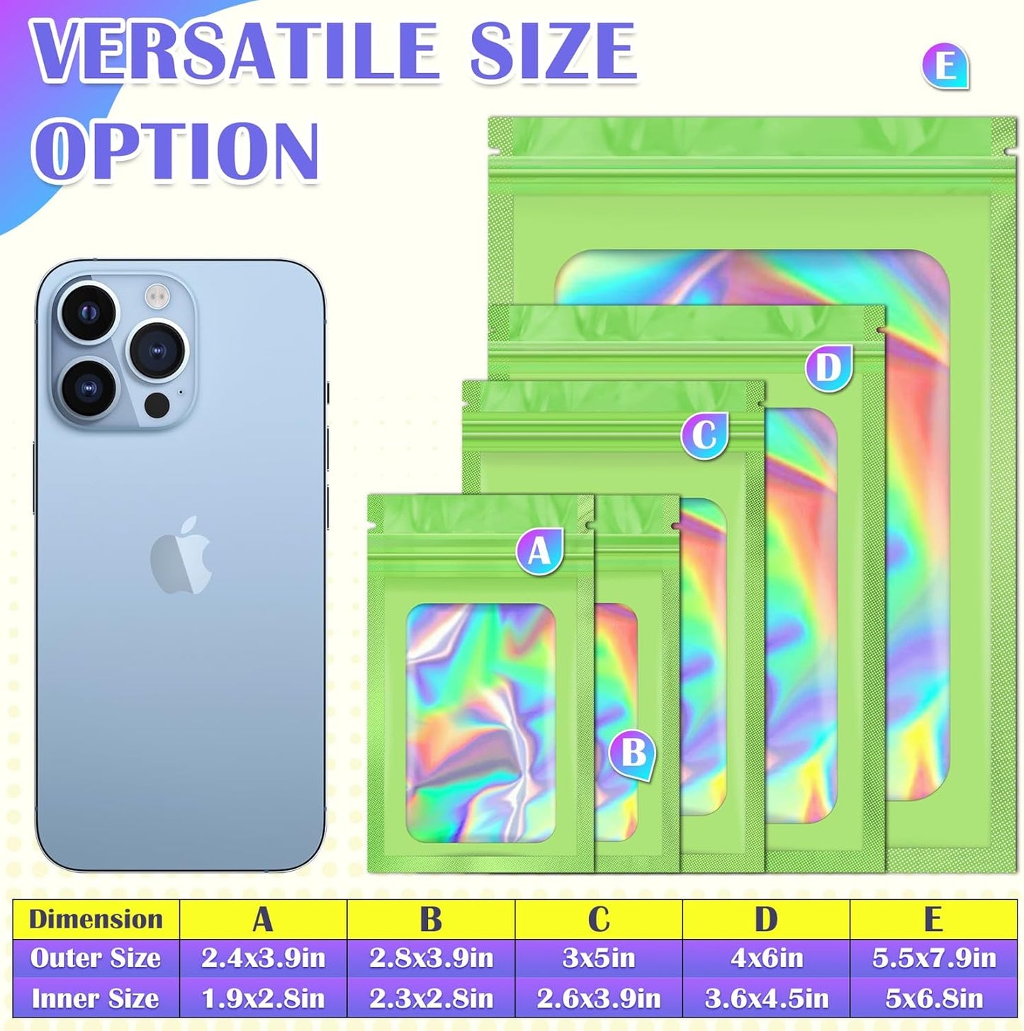 100 Pcs Mylar Bags, Smell Proof Bags Foil Pouch, Holographic Resealable Bags for Small Business, Candy Sample Jewelry Bag Sealable Packaging for Party Favor Food Storage (2.8x3.9in-Green)