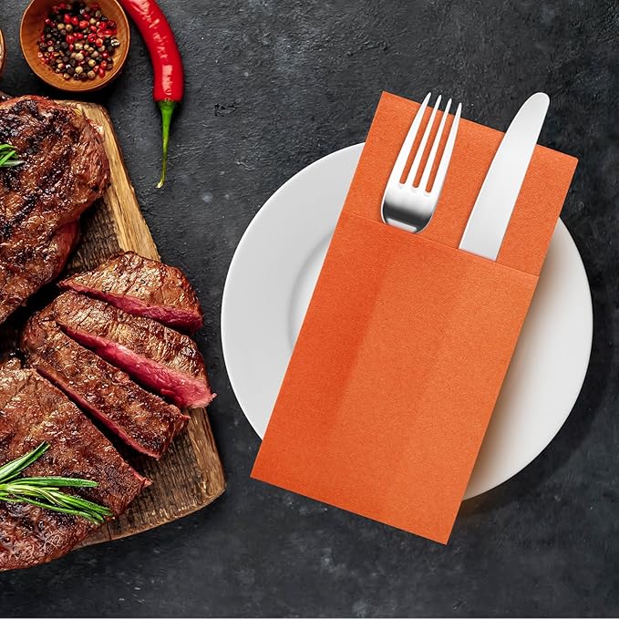 Orange Napkins Hand Towels Disposable, Linen-Feel Dinner Napkins with Prefolded Built-in Flatware Pocket, Guest Paper Hand Towels for Wedding, Thanksgiving Or Party (16x16in, 50Pack)