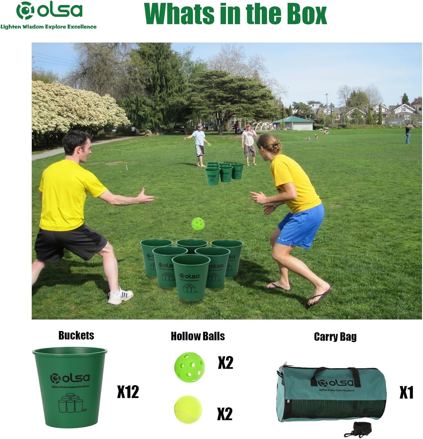 Olsa Yard Pong Outdoor Games, Giant Yard Pong Yard Game with 12 Buckets, Balls, Strength Carrying Bag for Backyard Beach Lawn Park Camping, Toss Outdoor Games for Adults and Family(Green)