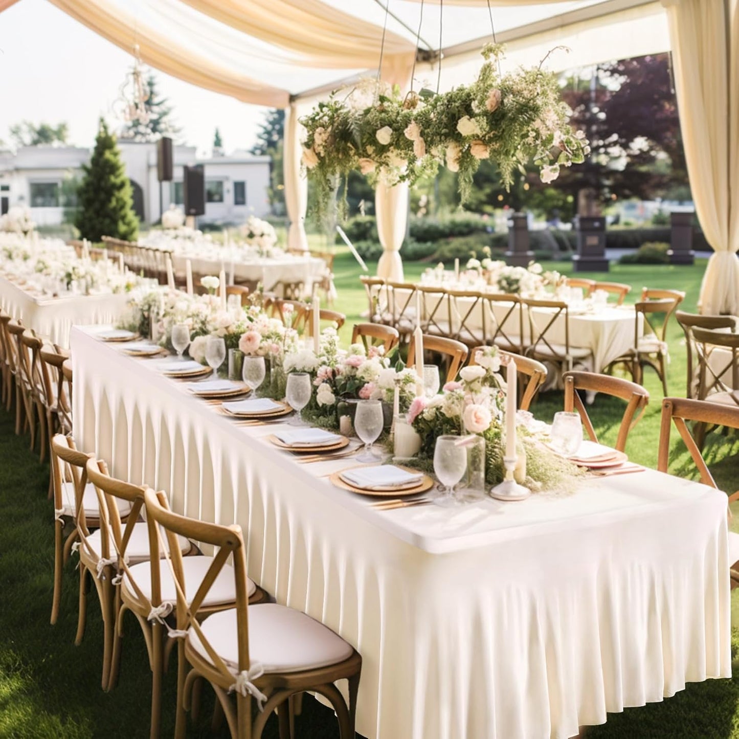 Ivory Spandex Table Covers 8ft, 6 Packs Fitted Table Covers for 8 Foot Tables Stretch Spandex Table Skirts Rectangle Tables for Event, Wedding, Banquet & Parties