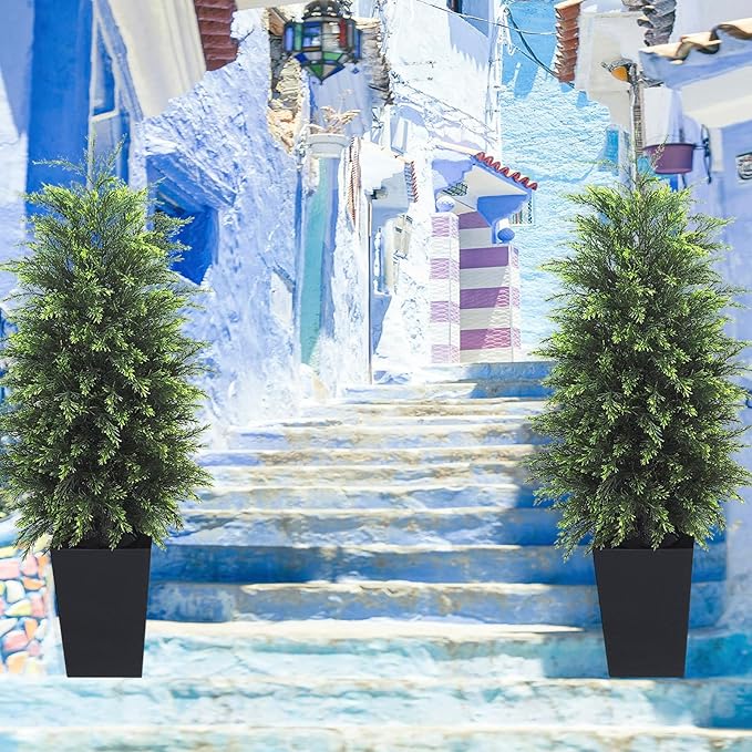 5FT Artificial Topiary Tree Beautiful Realistic Faux Cedar Pines Christmas Trees UV Rated Fake Shrubs for Front Porch Faux Plants Indoor and Outdoor Decor (1 Pack)