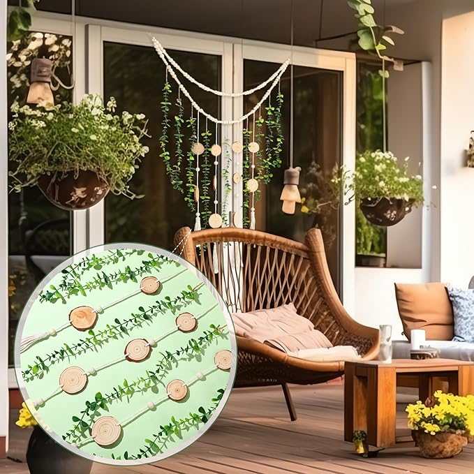 Jetec Hanging Eucalyptus Boho Wall Decor 36 x 36 Inch Boho Wall Hanging Wooden Bead Garland Artificial Greenery Leaves Stems Eucalyptus Garland for Bedroom Living Room Greenery Decoration