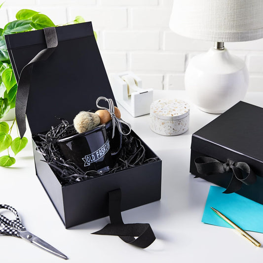 Hallmark Medium Gift Boxes with Bow and Shredded Paper Fill, Pack of 2 (Black 8 inch Box) for Weddings, Graduations, Birthdays, Father's Day, Groomsmen Gifts, All Occasion