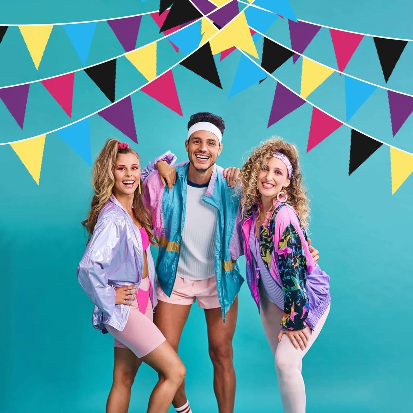 pinkblume 32Ft 80s Party Decorations Triangle Flag Pennant Bunting Banner Fabric Garland Streamers for 80s Retro Hip Hop 1980s Throwback Birthday Rock Hippie Party Decor Supplies