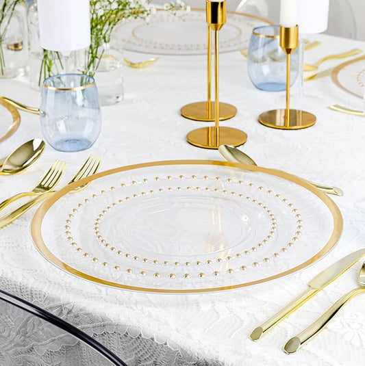 PLASTICPRO 128 Piece Combo Plastic Dinner Plates Disposable Plastic Fancy Heavy Duty Party Dishes 7 inch and 10 inch, Clear and Gold Beaded