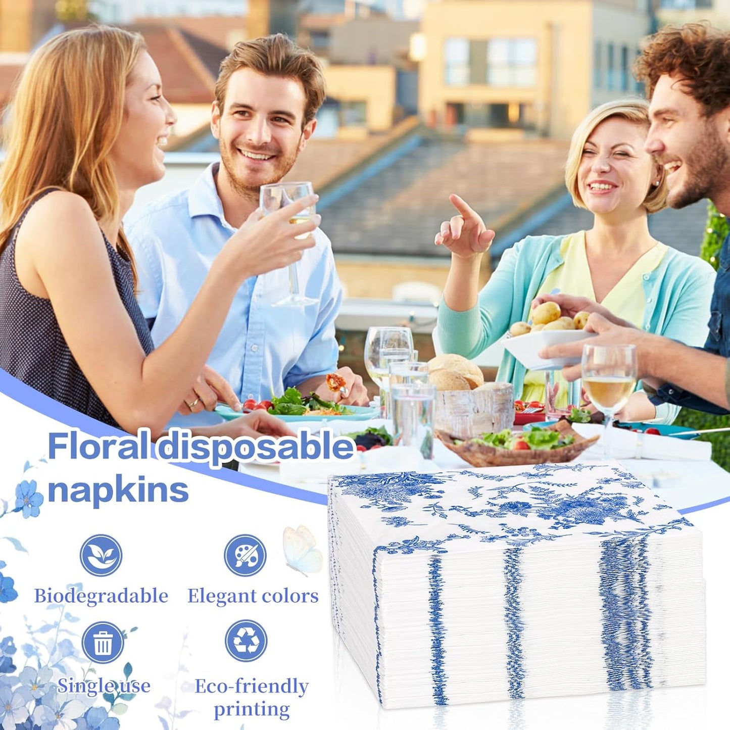 100Pcs Blue Floral Napkins Beverage Cocktail Napkin Disposable Blue and White Paper Dinner Napkin Fancy Decorative Hydrangea Flower Guest Hand Towel for Wedding Bridal Baby Shower Tea Birthday Party