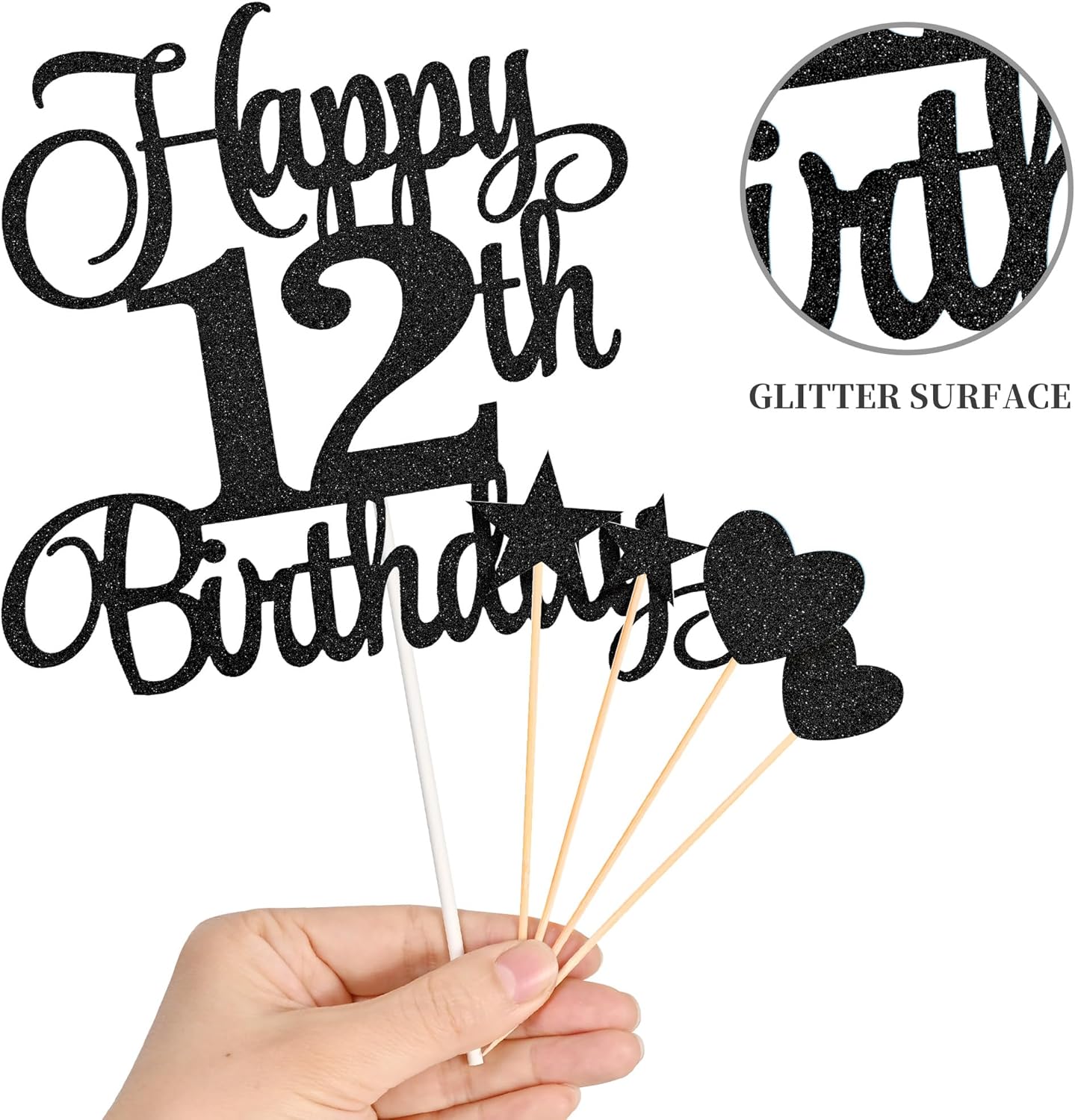 12th Birthday Cake Decorations, 12th Birthday Candles Cake Numeral Candles and Glitter Happy 12th Birthday Cake Toppers Set for Birthday Party Supplies (Black)