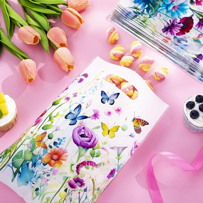 Epakh 100 Pcs Wildflower Gift Bags Bulk Spring Plastic Goody Bags with Handles Wildflower Treat Packing Floral Butterfly Candy Gift Decoration for Baby Shower Summer Floral Birthday Party Supplies
