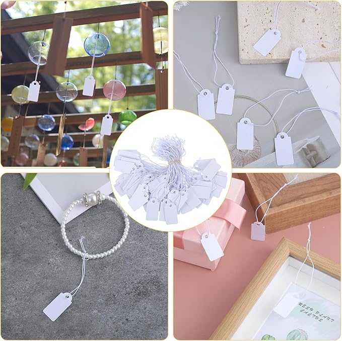 200 Piece Small Tags with Elastic String White Hang Price Tags 1.02×0.47inch Writable Gift Tag Blank Label Display Tag Marking Shipping Label for Clothes Jewelry Product Price Marking