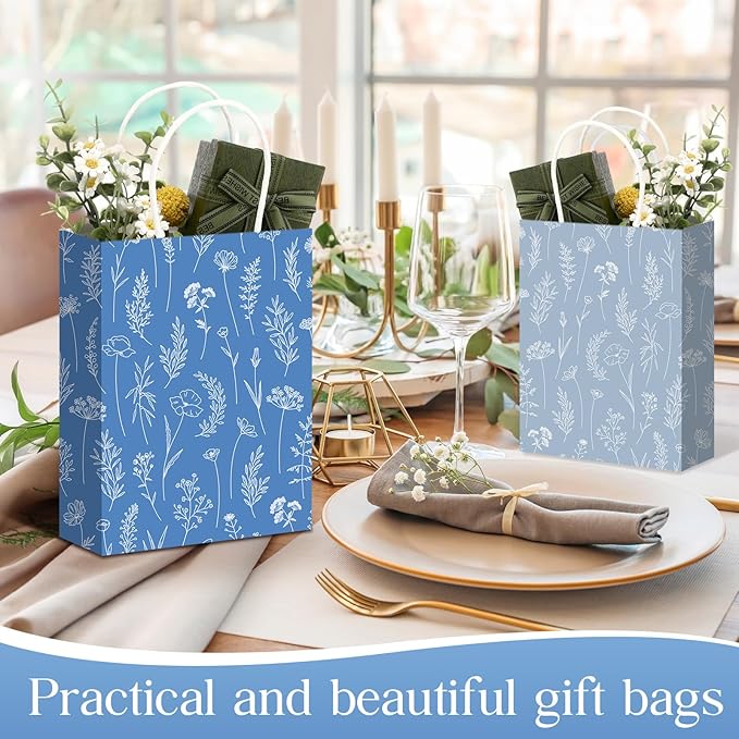 Kolldenn 50 Pcs Blue Wildflower Gift Bags with Handles Paper Floral Goodie Welcome Bag for Wedding Guest Baby Shower Bridal Birthday Party Favor, 5.91 x 3.15 x 8.27 Inches