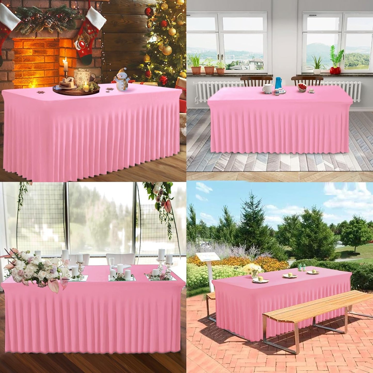 Table Skirt for 4 Foot Tables - One-Piece Pink Tablecloths and Skirt, Wrinkle Resistant Ruffles Elastic Cover for Banquets, Weddings, Events, Parties