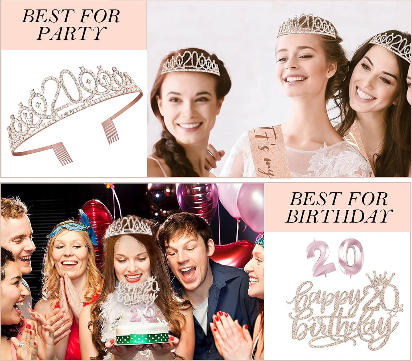 20th Birthday Decorations for Women, Birthday Sash and Crown, Cake Topper and Candles,Number Balloons, 20th Birthday Gifts for Women, 10pcs