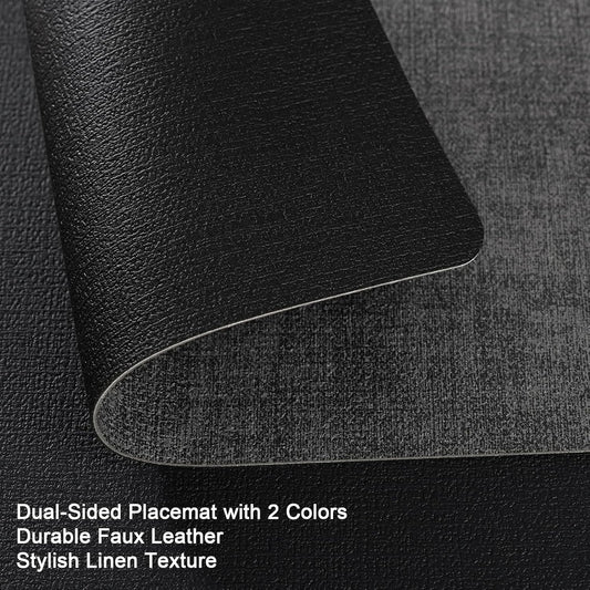 Myir JUN Placemats Dual Sided, Faux Leather Place Mats Set of 6 Indoor Placemats for Dining Table Outdoor Placemats Manteles Individuales Square Non-Slip Washable Table Mats (Gray Black, Set of 6)