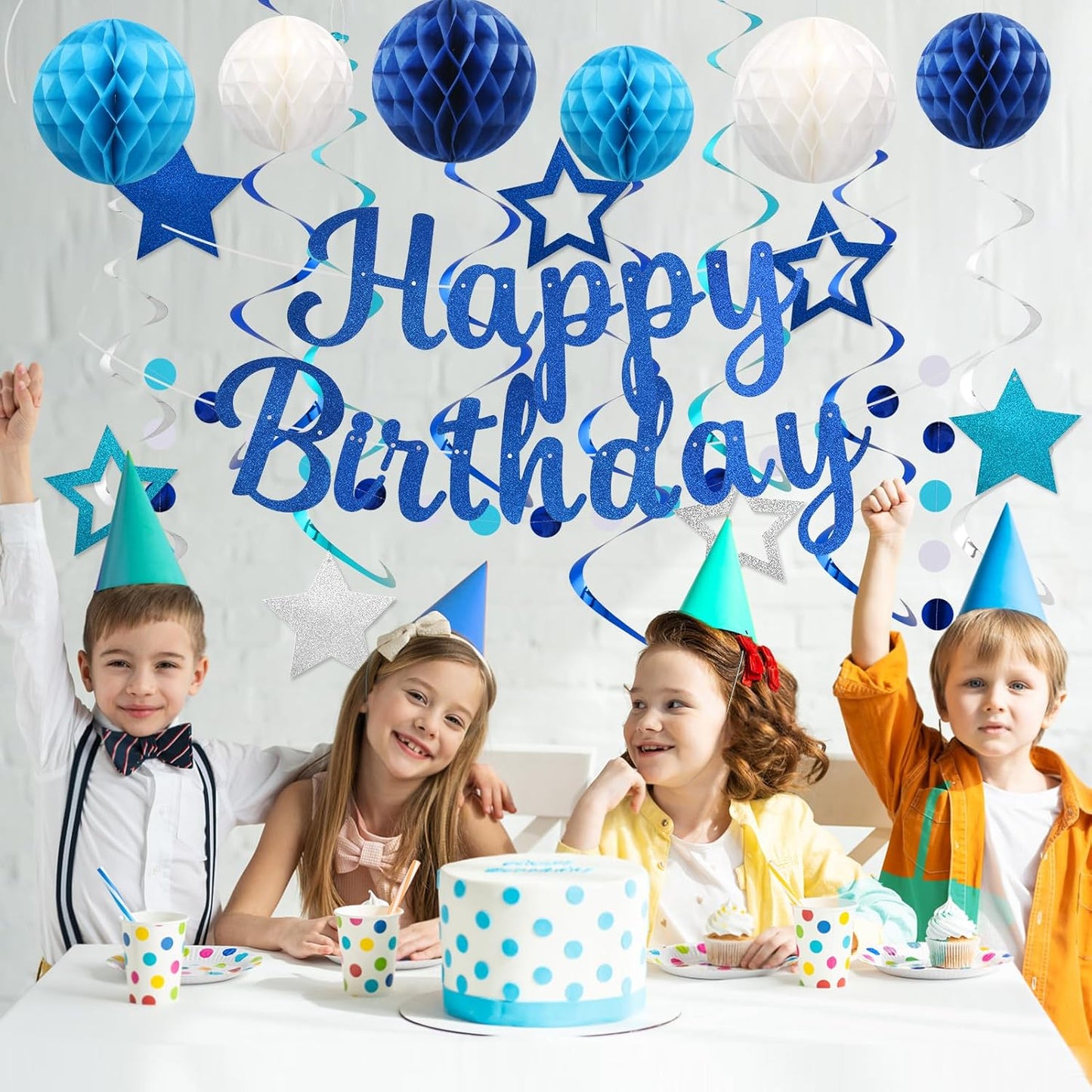 Birthday Decorations, NO DIY, Pre-Strung Happy Birthday Banner with Honeycomb Balls, Hanging Swirls, Circle Dots Garland, Party Decorations for Women Men Boys Girls (Blue)
