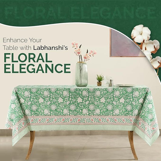 Labhanshi Indian Block Print Table Cloth|French Floral Handmade 10 Seater 72x135 Inch Rectangle Cotton Table Cover|Spring Easter St.Patrick Dining Tablecloth|Farmhouse Table Scape Decor|Green Leaf