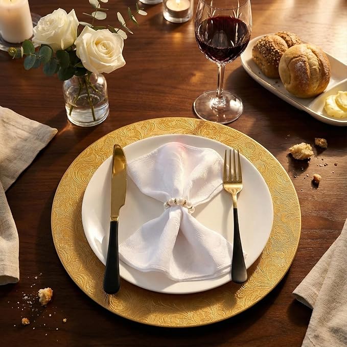 30 Pcs Gold Charger Plates Bulk 13 Inch Embossed Rim Plastic Round Decorative Vintage Plates Charger for Dinner Wedding Party Event Table Setting Decoration (Floral)