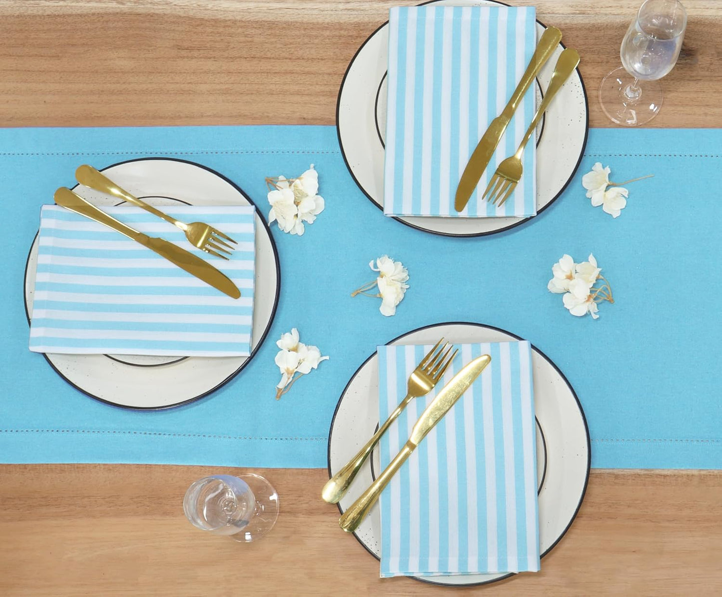 PurpleEssences Plain Striped Cloth Napkins - Set of 12-100% Cotton - 18 x 18 Inch - Fall Thanksgiving - Perfect Everyday Use Dinner Napkin - Aqua Blue White