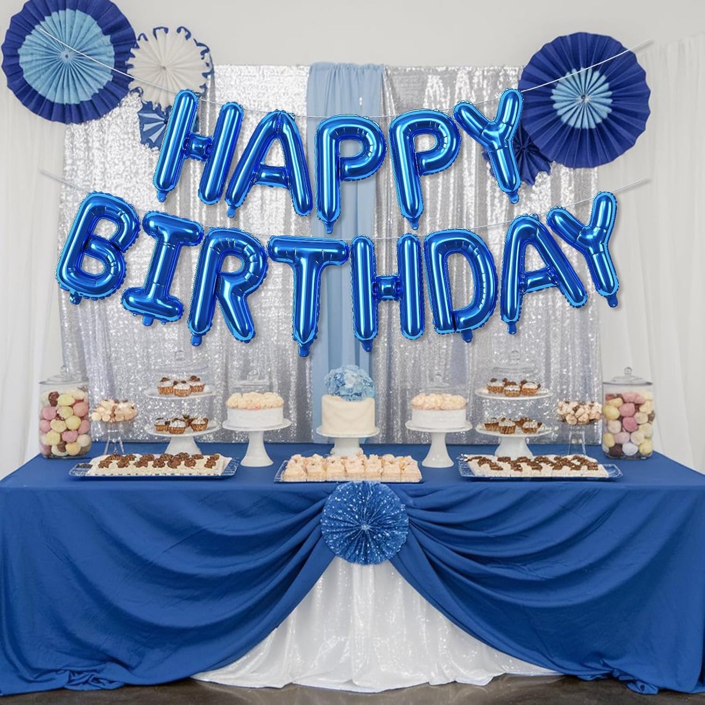 Happy Birthday Balloons Letters Banner, Blue Happy Birthday Bunting Balloon, 16 Inch Self Inflating Birthday Mylar Foil Balloons Banner with Ribbon for Boys Men Birthday Party Decorations Supplies