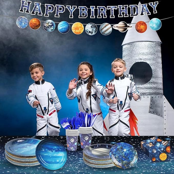 182pcs Outer Space Theme Birthday Party Supplies,Galaxy Planet Outer Space Paper Plates and Napkins Kit,for Solar System Planets Baby Shower Birthday Party Decorations,Serves 30