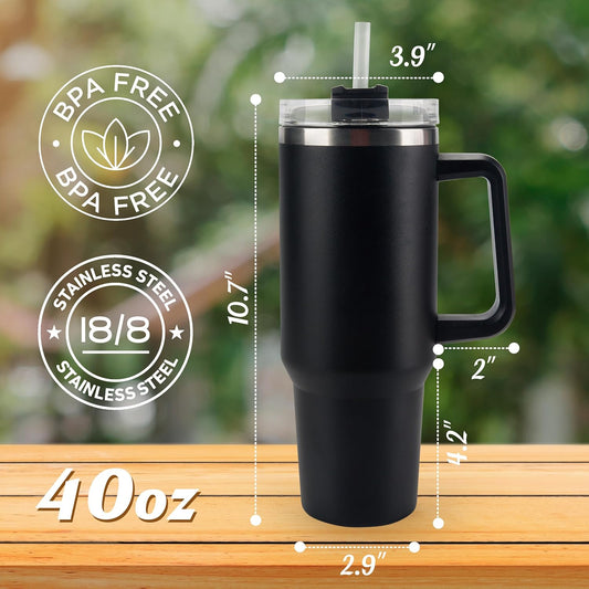 40 oz Tumbler with Handle and Straw Spill Proof Large Travel Coffee Mug Insulated Reusable Stainless Steel Cup with Lid Fit for Car Cup Holder (Black)