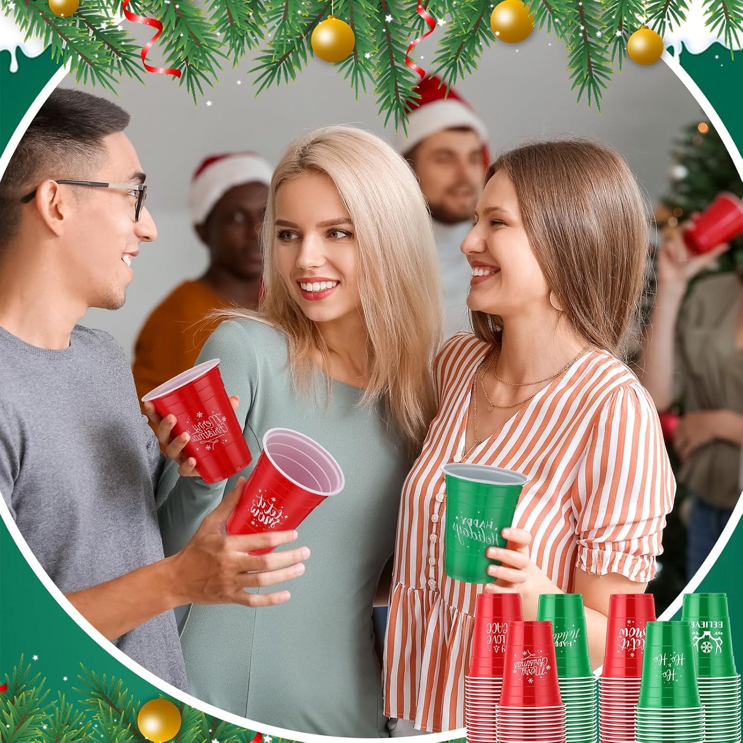 Sliner 180 Pcs 16 oz Christmas Plastic Disposable Cups Bulk Snowflake Elk Star Christmas Tree Drinking Cups for Xmas Birthday Party Supplies (Red,Green)