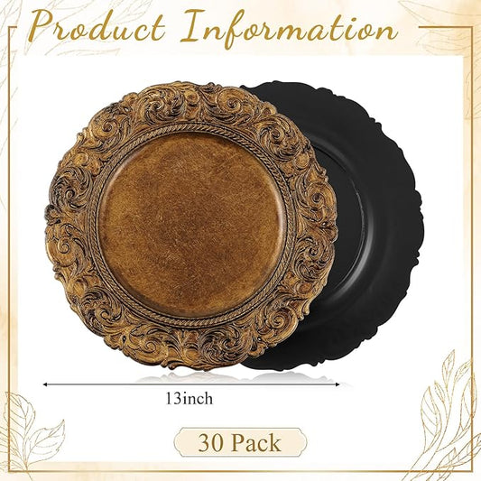 30 Pcs Antique Gold Charger Plates Bulk 13 Inch Embossed Rim Plastic Round Decorative Vintage Plates Charger for Dinner Wedding Party Event Table Setting Decoration (Classic)