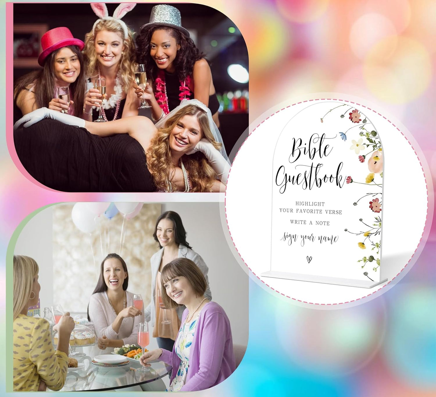 Wedding Bible Guest Book Sign, Flower Style Bridal Shower Signs for Engagement, Bridal Shower and Reception, Bridal Shower Decorations, Wedding Shower Favors, 6X8 Inch Acrylic Arch Sign with Stand,39
