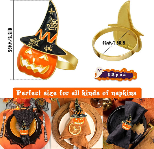 Legigo Set of 12 Halloween Napkin Rings for Dinning Table Settings- Horror Scary Orange Pumpkin Black Witch Hat Napkin Holder Ring for Holiday Party Kitchen Dinner Table Decarations