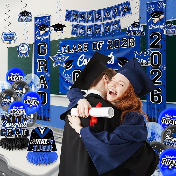 Graduation Decorations Class of 2026 Blue Party Decor Set include Congrats Grad Banner Graduation Backdrop Class of 2026 Balloons Party Supplies