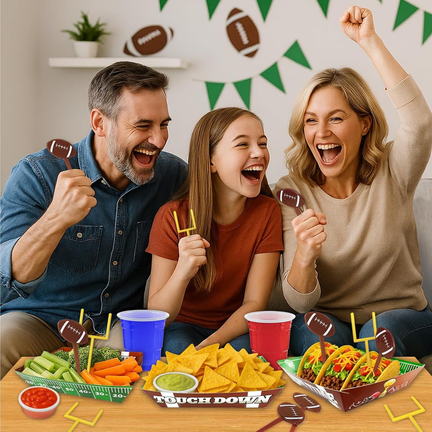 50-Piece Football Party Food Tray Box Kit - 30 Oil-Resistant Paper Snack Trays & 20 Goalpost and Football Picks for Nachos, Popcorn, Chips at Super Bowl, Tailgate, College Games, Sports Birthdays