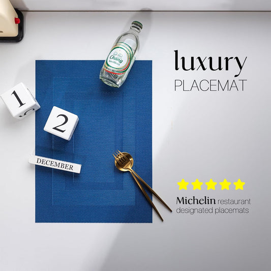 LEXMORE Placemats Set of 6 Vinyl/Plastic Woven Place Mats for Kitchen Table Indoor/Outdoor Washable Placemat Wipeable Dining Table Mats(Navy Cube)